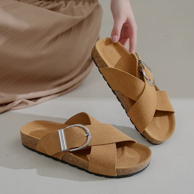 2024 New Summer Women's Slippers Fashion Nubuck Sandals Women Cork Slipper Casual Beach Cross-strap Buckle Non-slip Slides