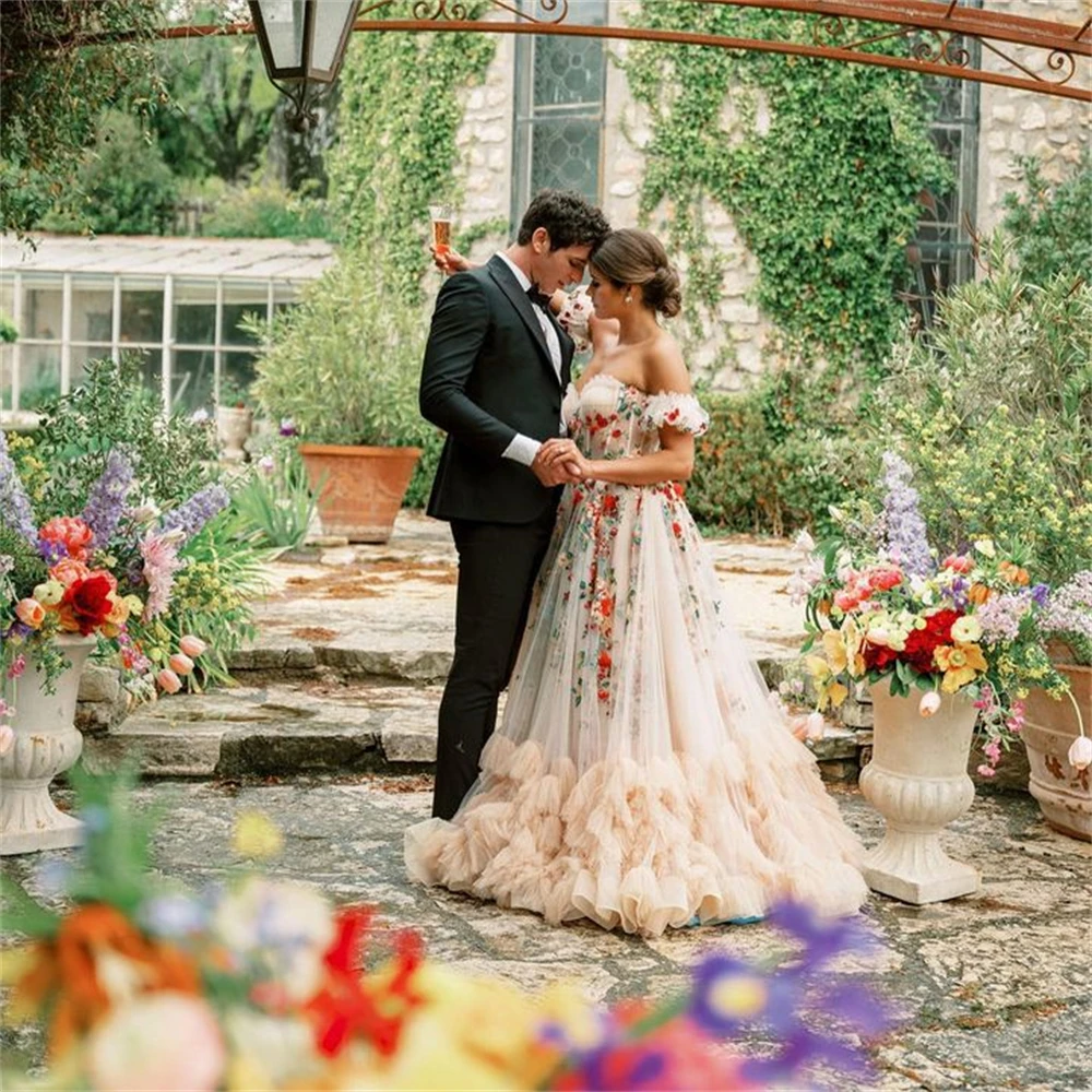 12970 #   Personalizado único fora do ombro flor apliques rendas babados tule a linha vestido de casamento com véu vestido de noiva para mulher