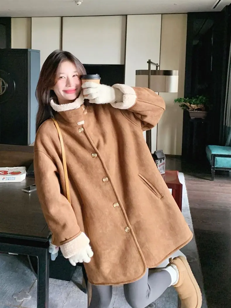 Korean Loose Little Fur One Lambswool Coat Women's Winter 2025 Stand-up Collar Thick Coat