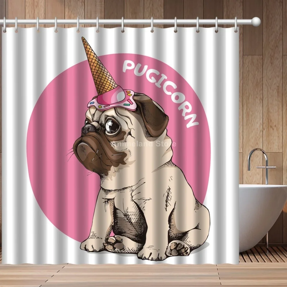 Pug Animal Dog Cute Fashion 3D Print Shower Curtain Bathroom Set With Waterproof Hook Bath Curtains Cartoon Kids African Funny