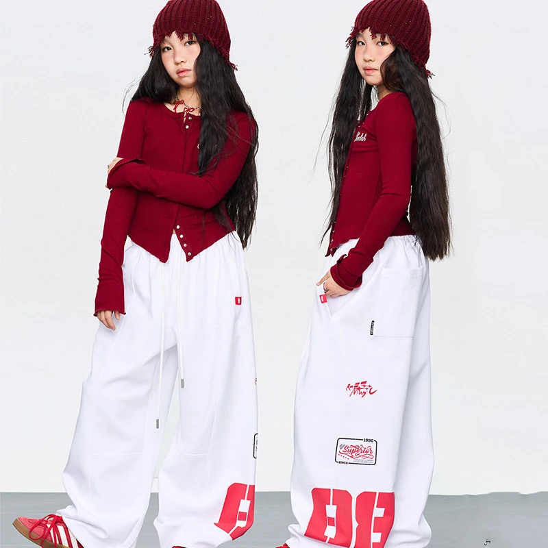 

2026 New Ballroom Hip Hop Dance Costumes For Girls Red Crop Loose Pants Outfits Streetwear Jazz Performance Stage Wear DQS21983