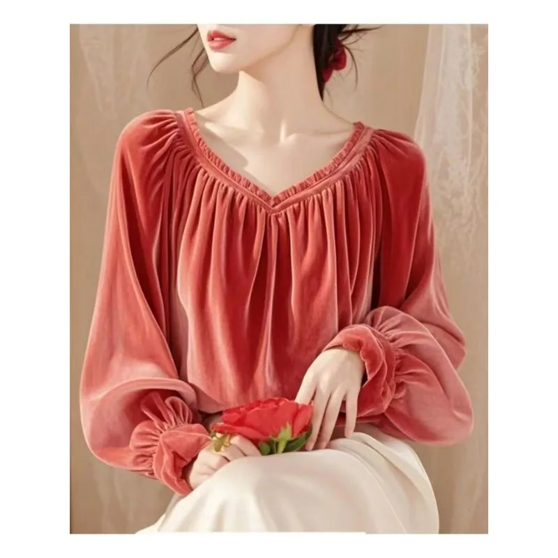 2024 Early Autumn New Temperament Unique Commuter Versatile Chic Solid Color Extravagant Noble Velvet Long-sleeved Blouse