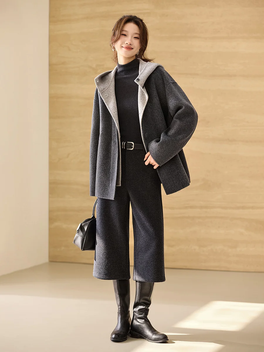 Mehaoni Winter New Design Handmade Pure Wool Double-sided Tweed Coat Women's Long Sleeve Hooded Regular Length Outerwear