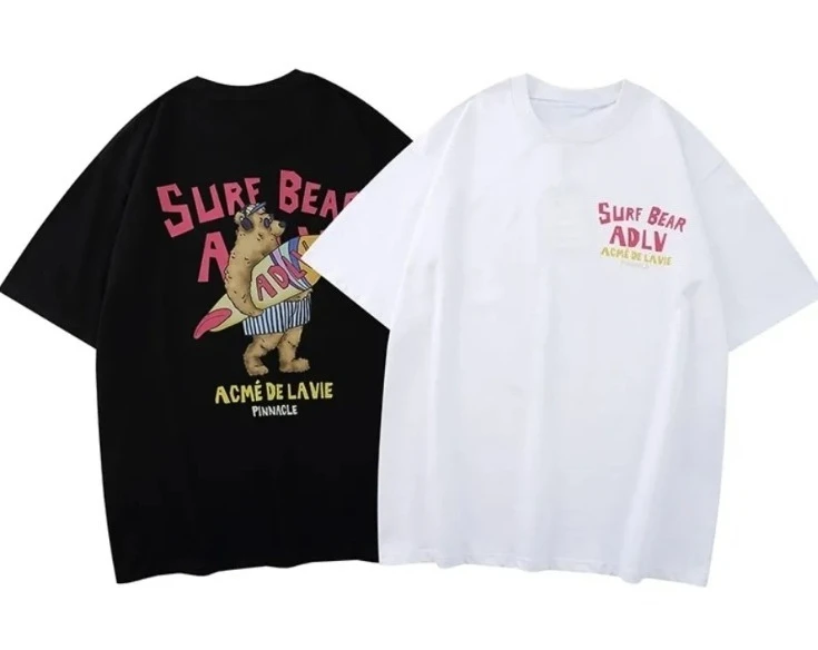 

Trendy Brand Surfboard Bear Print Versatile Parent-child Short-sleeved T-shirt Crew Neck Men's and Women's Short-sleeved Top
