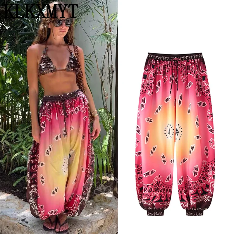 KLKXMYT Chic Casual Gradient Contrast Print Pants For Women Elastic Waist Boho Trousers Woman 2026 Summer Fashion Lantern Pants