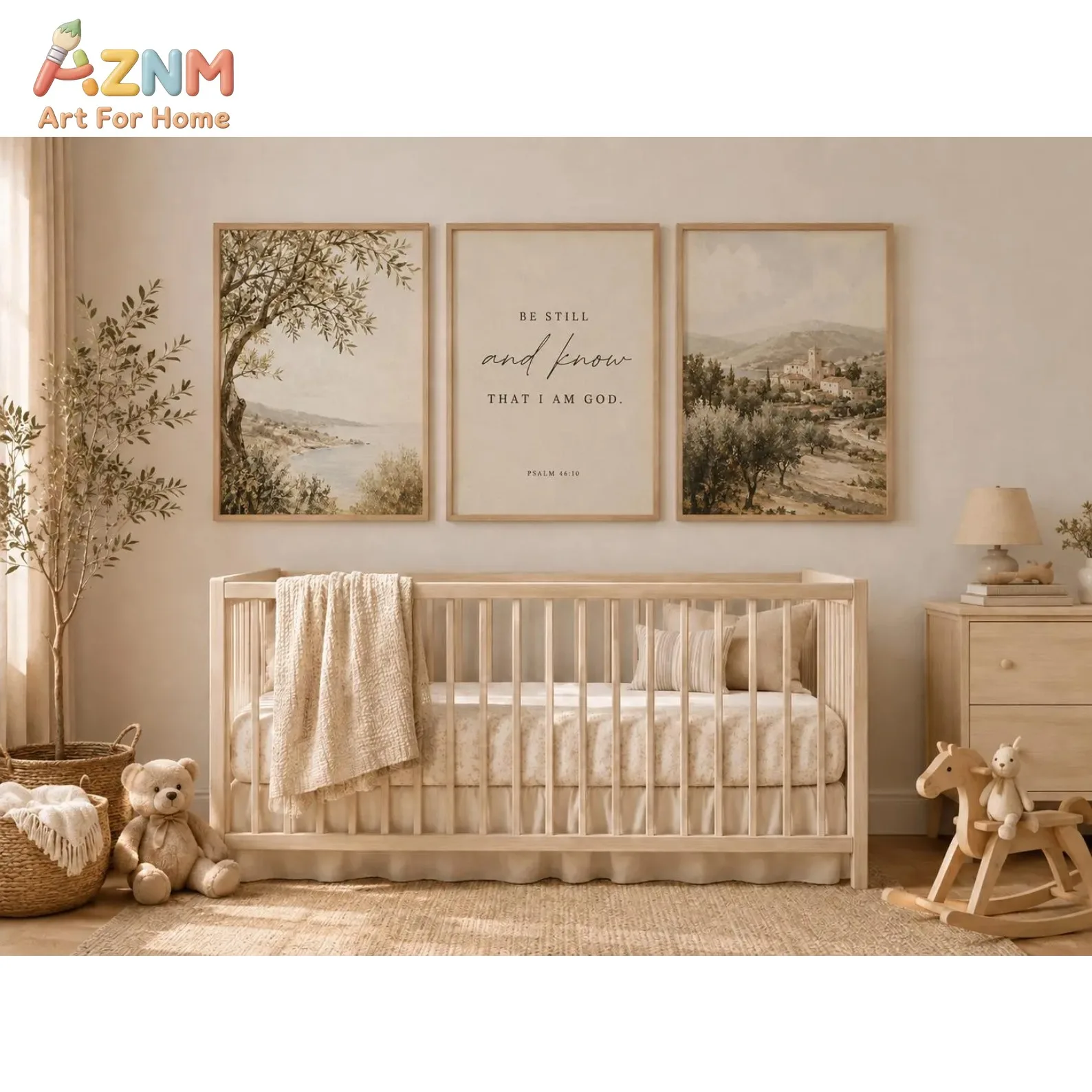 Christian Wall Art Set, Psalm 46:10 Vintage Landscape Prints, Neutral Farmhouse Decor
