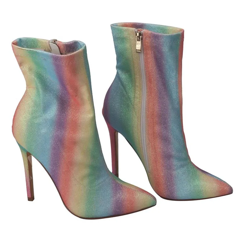 

Sexy High Heel Bling Rainbow Sock Boots Pointed Toe Zipper Side Sequins Stretch Fabric Colorful Ankle Boots for Woman