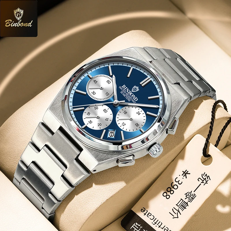 BINBOND แฟชั่นผู้ชายสามตาหกเข็มนาฬิกาโครโนกราฟกันน้ํามัลติฟังก์ชั่ควอตซ์นาฬิกาข้อมือธุรกิจนาฬิกาผู้ชาย
