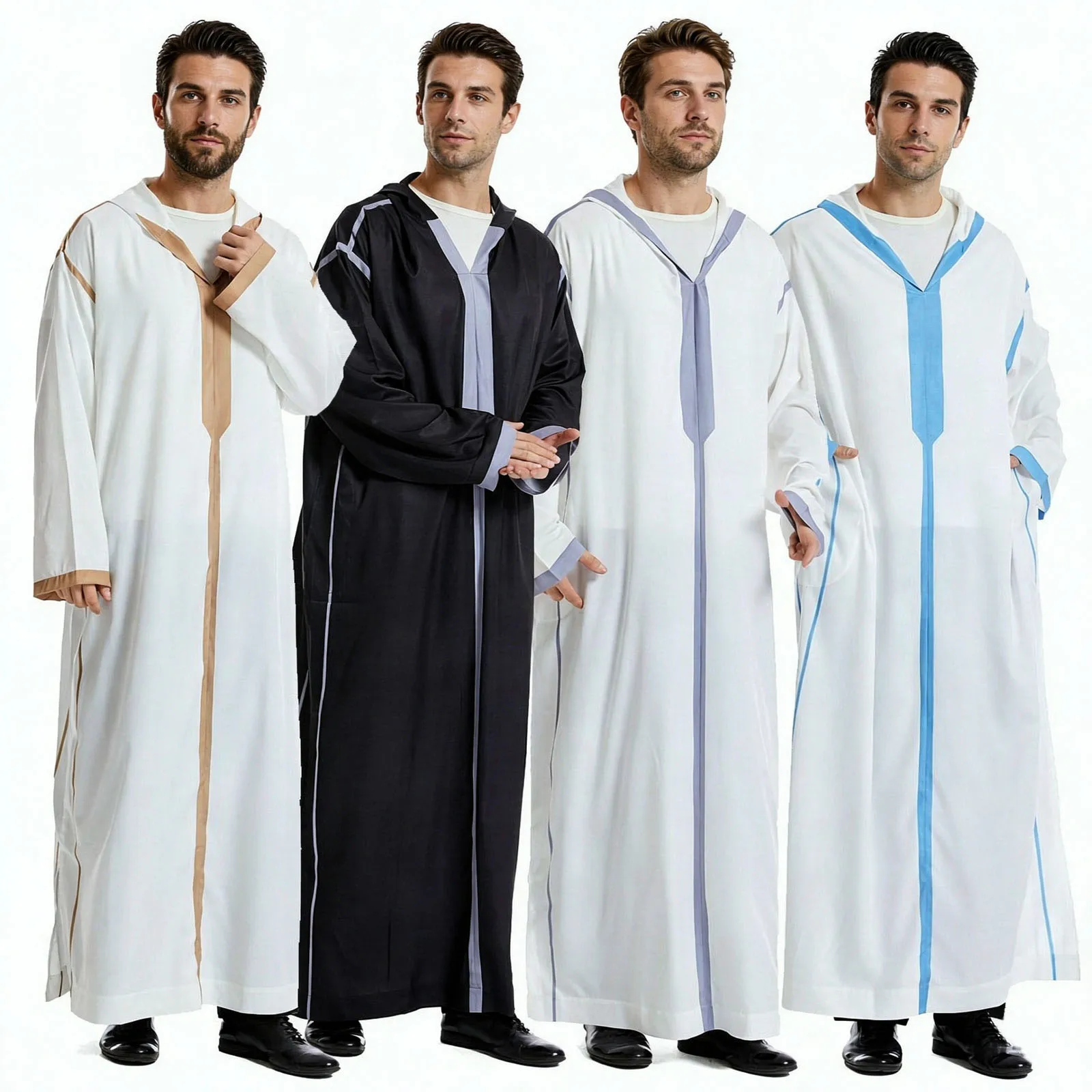 Men Muslim Hooded Robe Long Sleeve Pockets Kaftan Thobe Loose Gown Middle Easterners Daily Wear Halloween Theme Party Costume