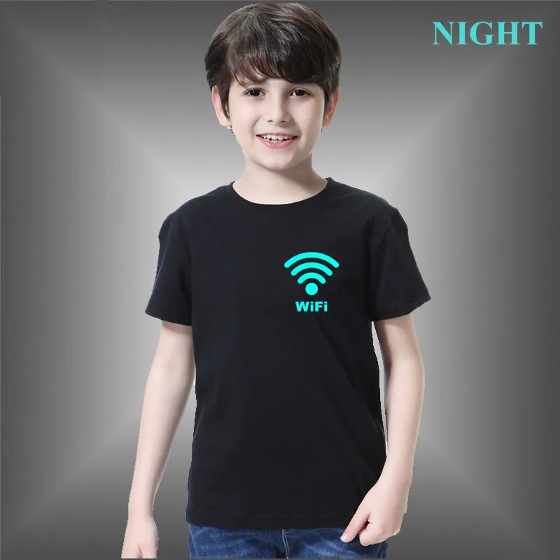 Summer Boy Girl WIFI Print Luminous Tees Hip Hop Style Short Sleeve T-shirt Glowing Funny Glowing Tees 3~14 Years