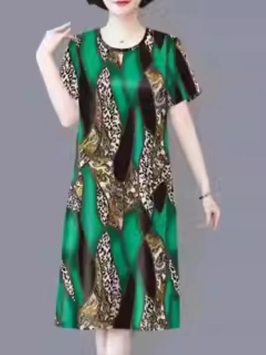 Casual Ice Silk ort Sve Dr dla mam w średnim wieku Luźne, wyszczuplające letnie nowości w modnym stylu z nadrukiem Odzież damska Akcesoria