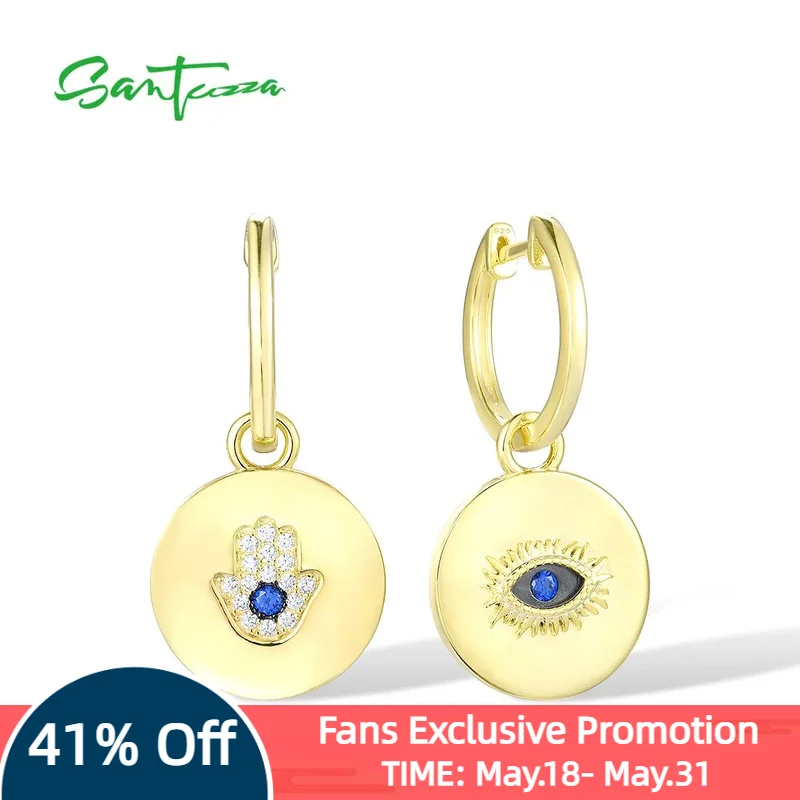 

SANTUZZA Pure 925 Sterling Silver Earrings For Women Blue Spinel White CZ Hamsa Hand Evil Eye Drop Earrings Trendy Fine Jewelry