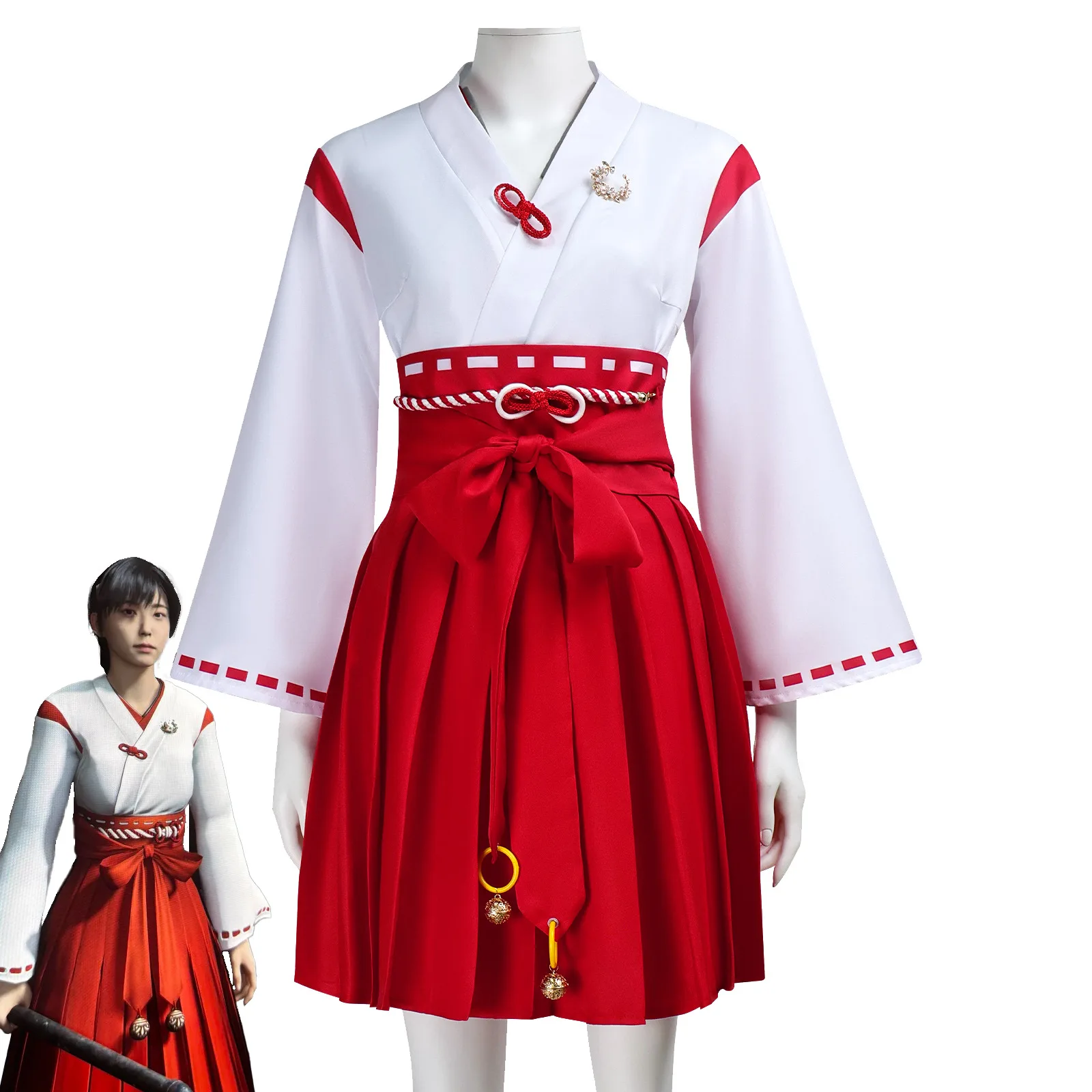 

Game Thriller Hill Shimizu Hinako Cosplay Japanese Style Red White Kimono Miko Costume Maiden Outfit Halloween Party Dress Set