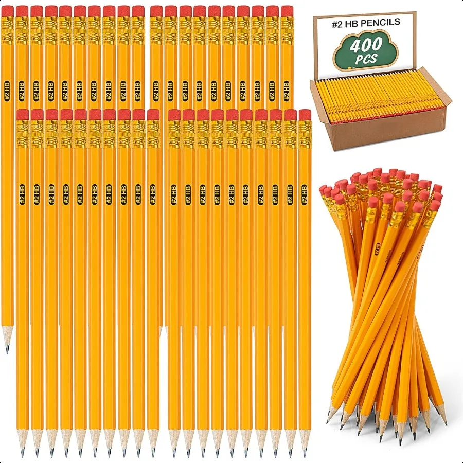

400 Pack Yellow 2 HB Pencils with Erasers for PreSharpened Ambidextrous Writing Drawing Sketching