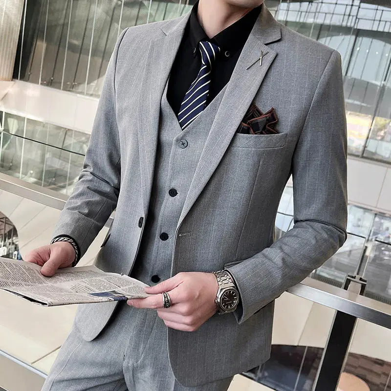 

Высококачественный мужской модный облегающий полосатый мужской костюм-тройка в корейском стиле, свадебный повседневный костюм в британском стиле