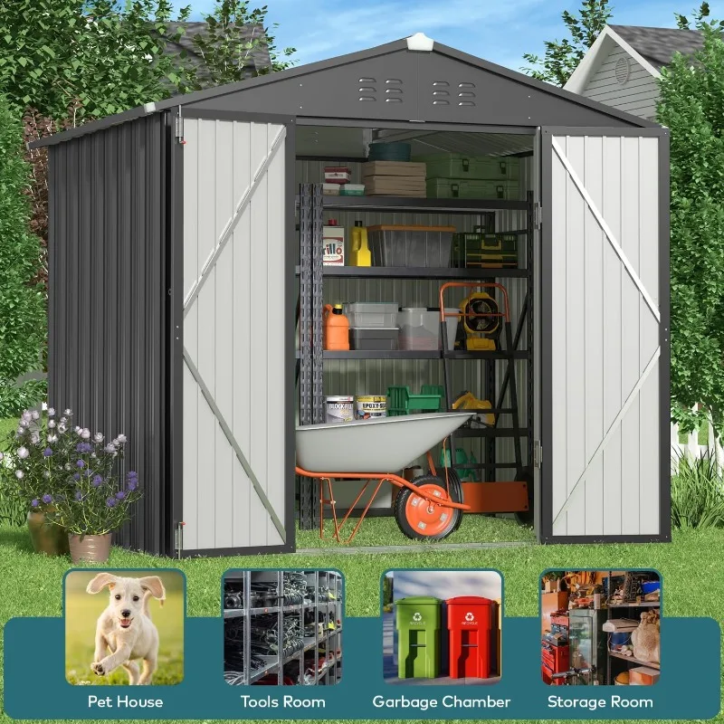 Outdoor Storage Shed 8 x 6 FT, Galvanized Metal Garden Shed with Double Lockable Doors, Outdoor Storage Clearance for Backyard