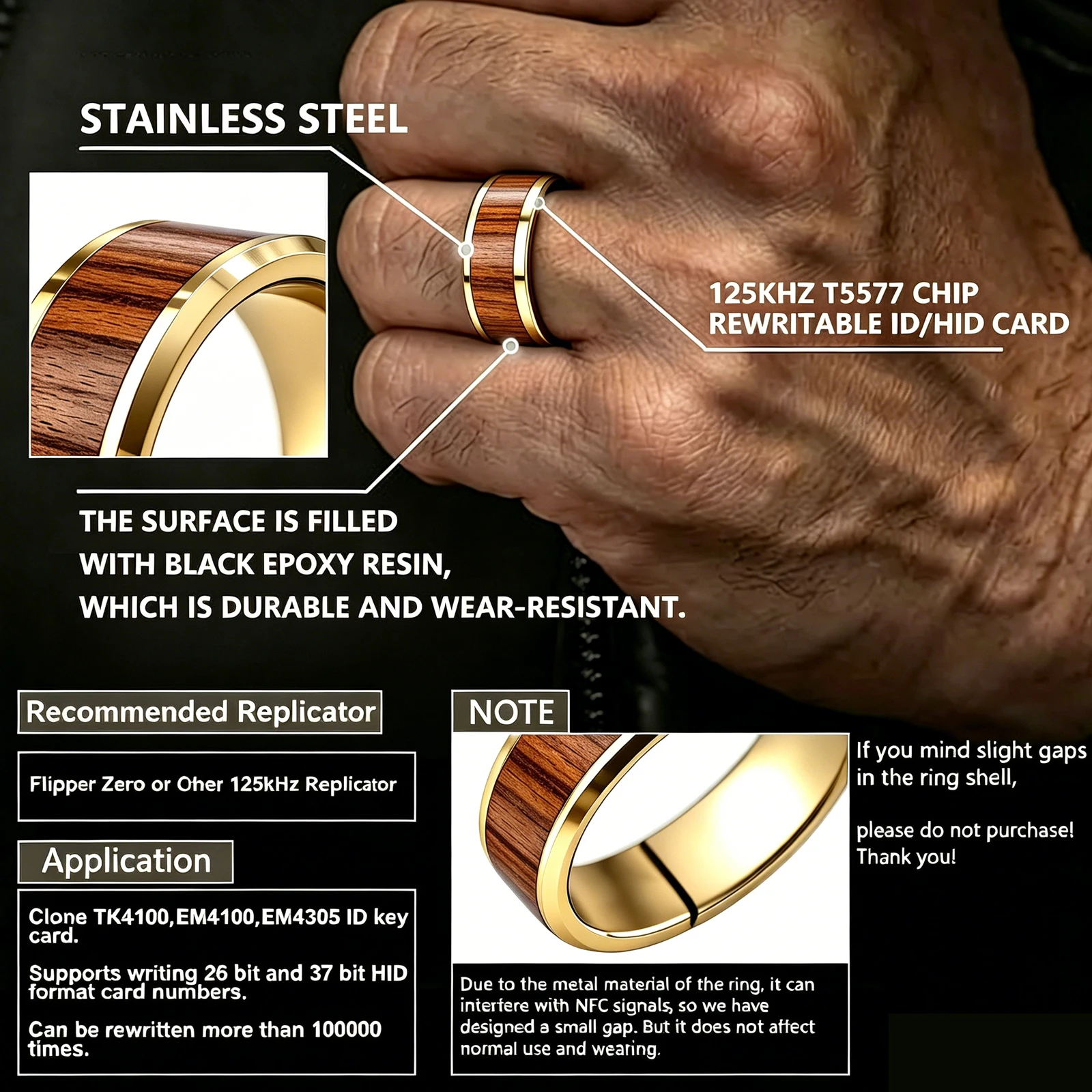 Golden or Sliver 125kHz T5577 Chip Stainless Steel Ring,inlays Epoxy Blue or Brown Wood Grain Slice