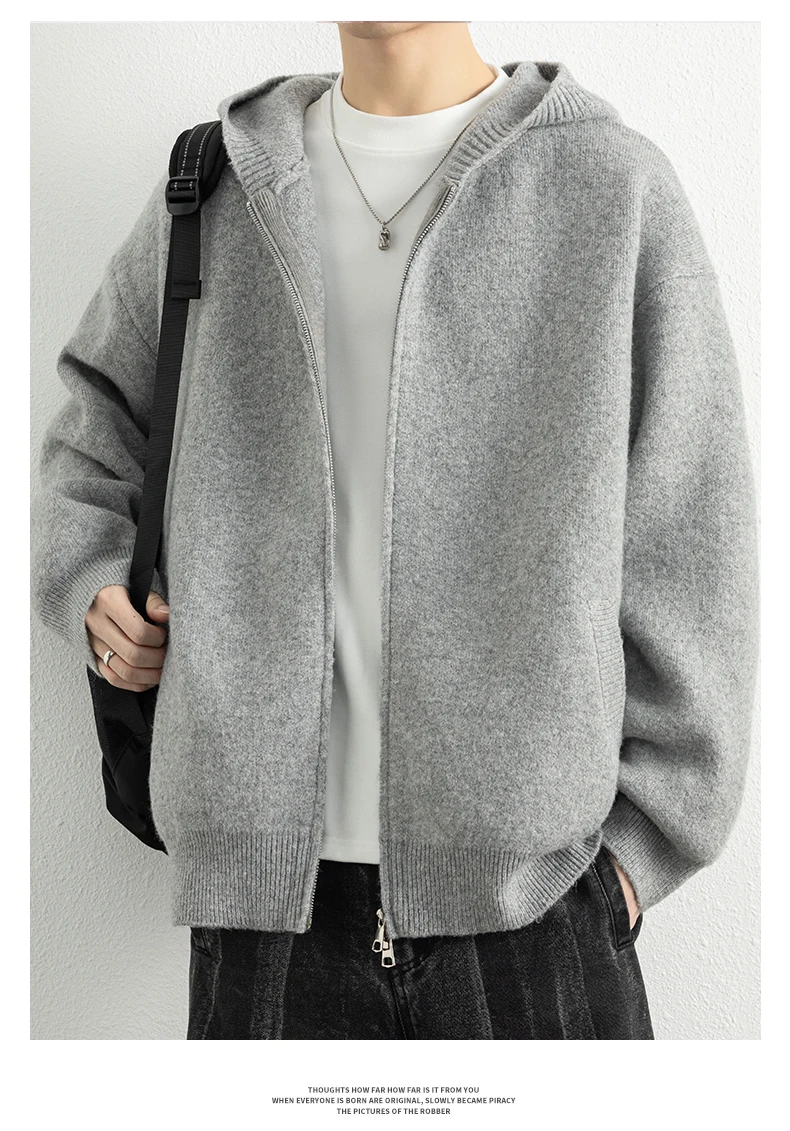 Legible Autumn Winter Casual Sweaters Men Solid Color Hooded Sweatercoats Male Loose Zip-up Knitted Cardigan Man