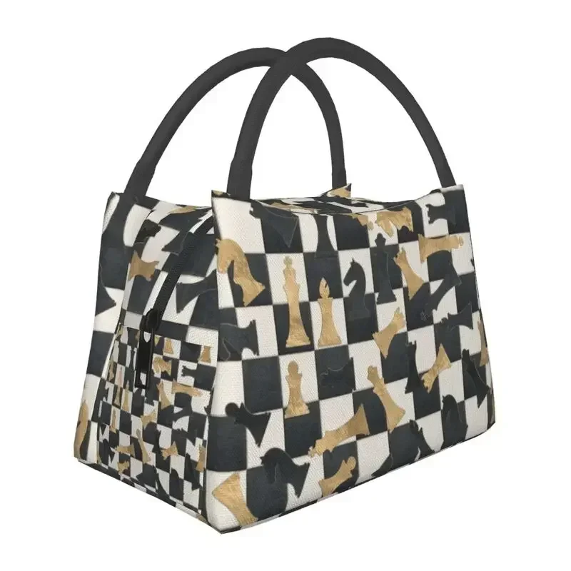 Chess Figures Pattern Leather And Gold Texture Insulated Lunch Bags for Women Chessboard Resuable Thermal Cooler Food Lunch Box