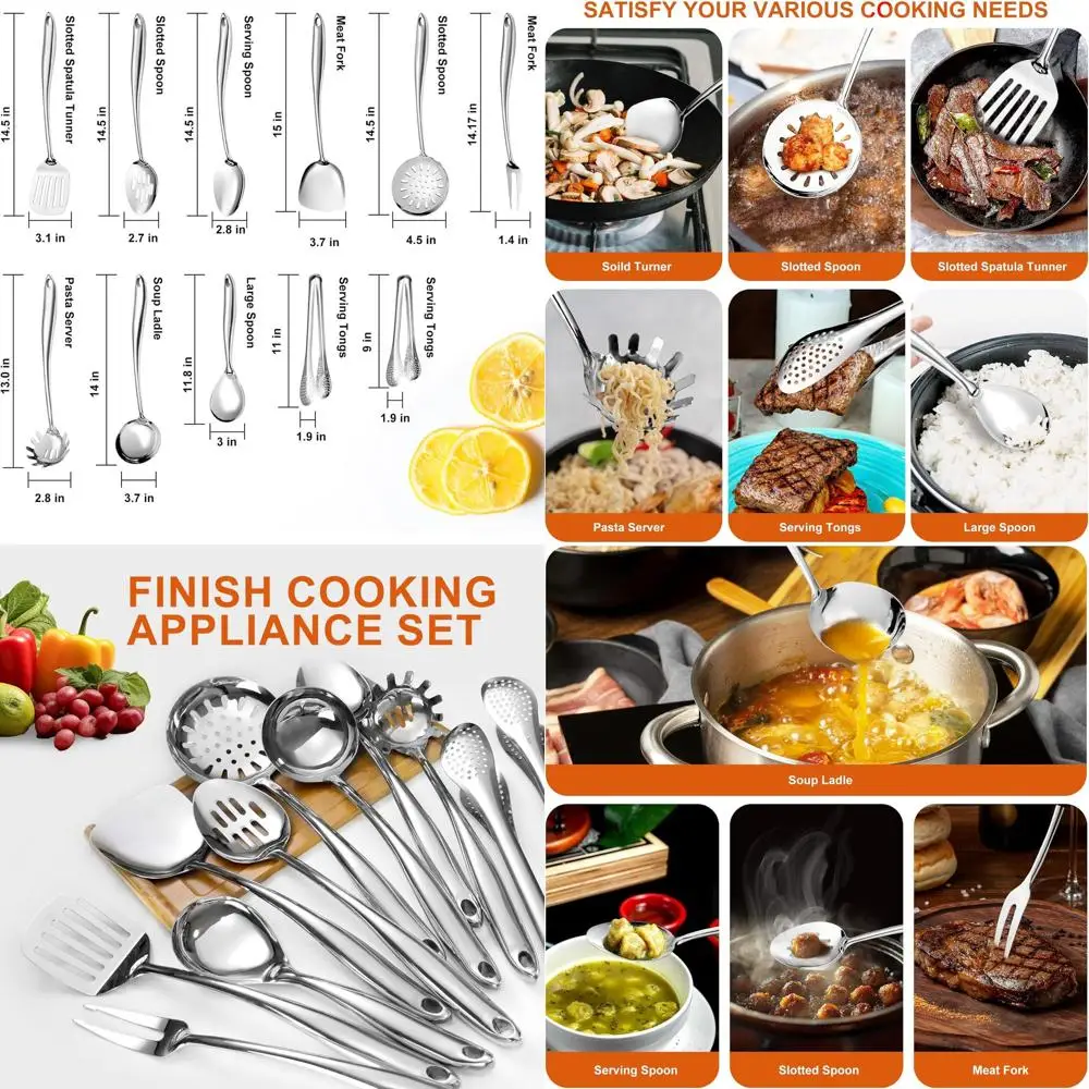 

Набор кухонных инструментов из нержавеющей стали, 11 предметов, с лопаткой, ложкой, скиммером и щипцами — можно мыть в посудомоечной машине