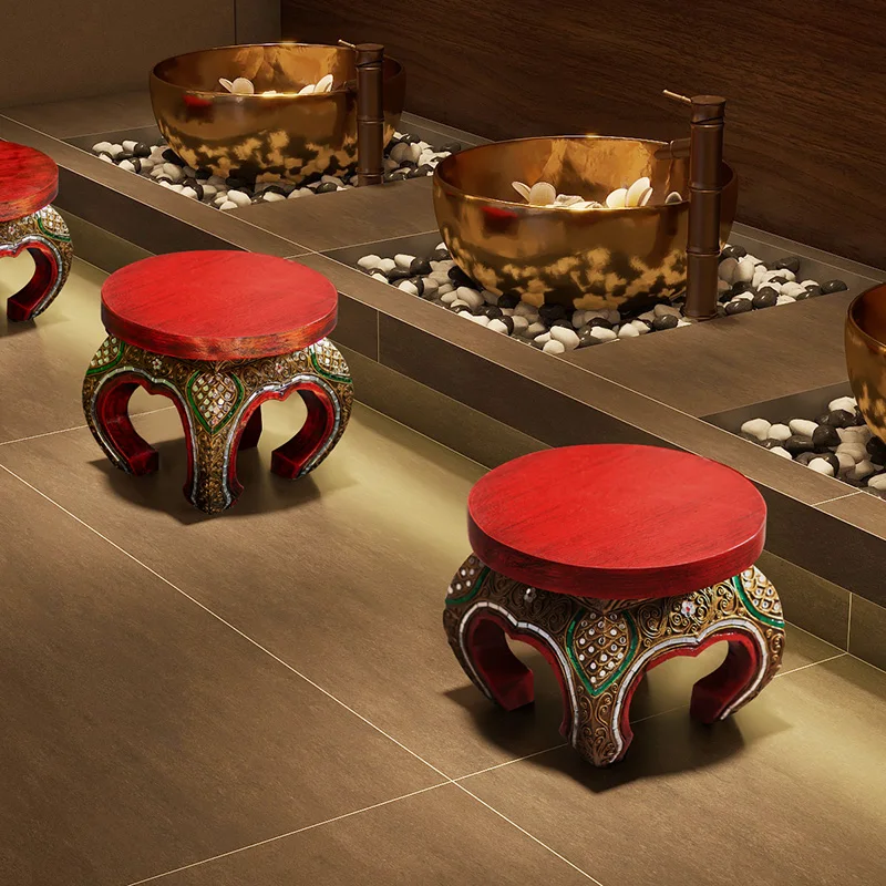 Thailand Solid wood stool South East Asia Furniture Household Thai foot wash low stool Wood small bench Internet celebrity round