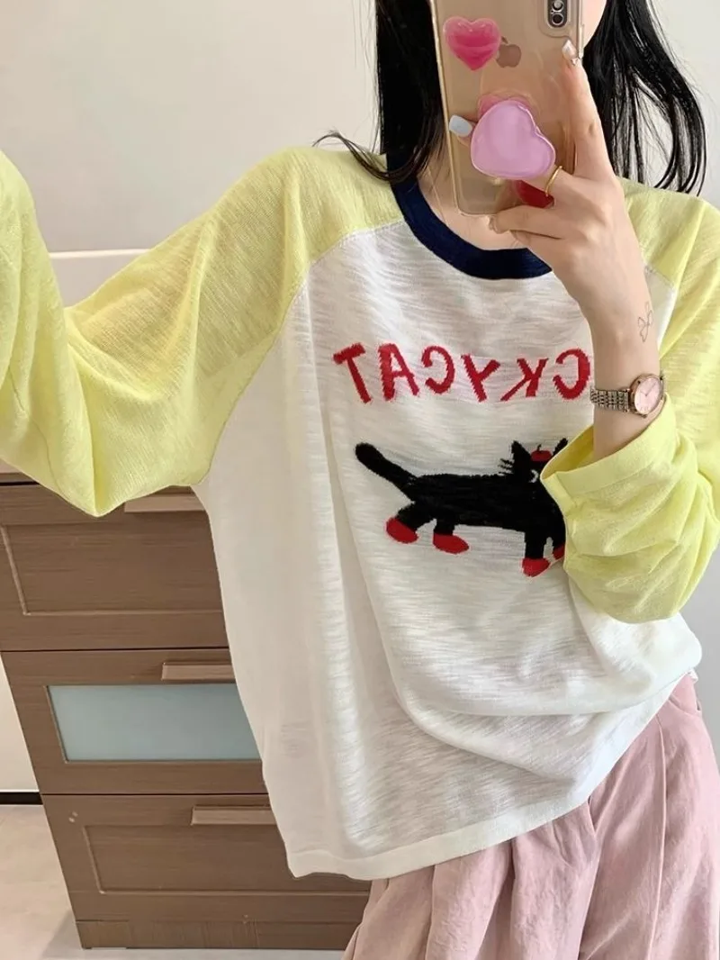 

Изысканная универсальная контрастная футболка большого размера с длинными рукавами и круглым вырезом с принтом, летний топ, новый повседневный свободный универсальный топ