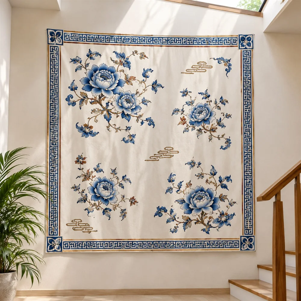 VIKAMA Blue White Porcelain Clustered Groups Tapestry Wall Hanging, Oriental Wall Decor Tapestries for Living Room Bedroom