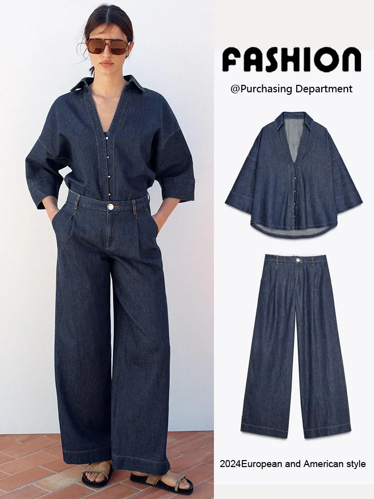 Spring New Arrival Women's Denim Shirt Casual Pleated Pants Fashion Set Long Sleeve Button up Style 2025 Seasonal Collection
