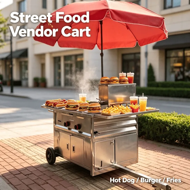 Wheeled Stainless Steel Mobile Vending Cart Towable Hot Dog Stand For Outdoor Catering Burger Deep Fry Food BBQ Customized