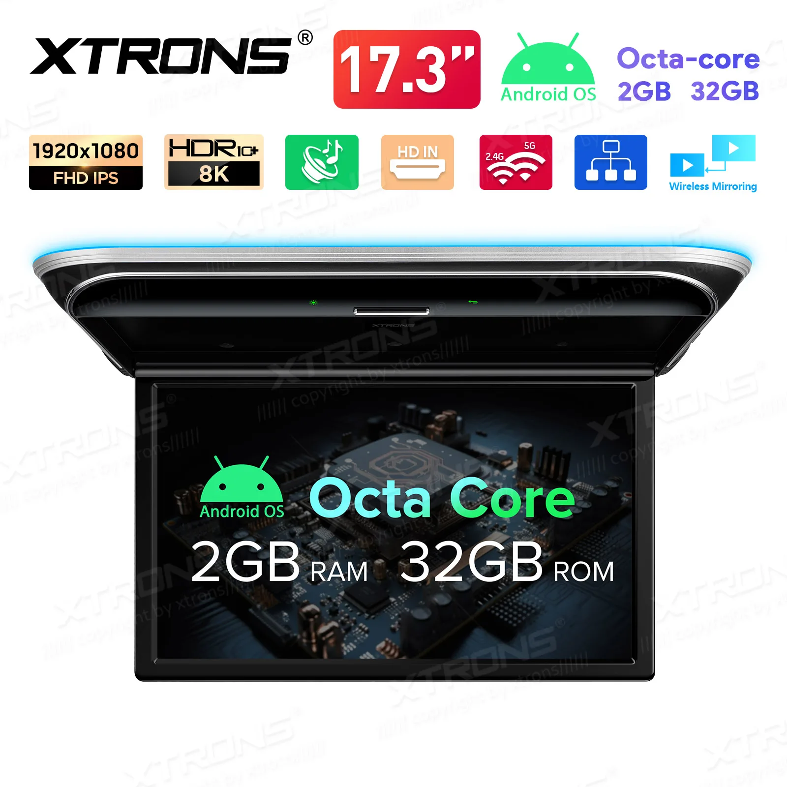 XTRONS 17.3 inch 2+32GB Auto Dakmonitor Android Auto TV IPS Breedbeeld 1080P Digitale Video Ultradunne Ingebouwde Speler met HDMI