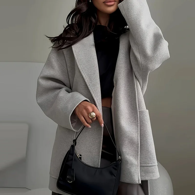 

Women's Casual Long Sleeve Solid Color Short Coat Fashion Thickened Woolen Outercoat Autumn Winter Elegant V-neck Lace-Up Jacket