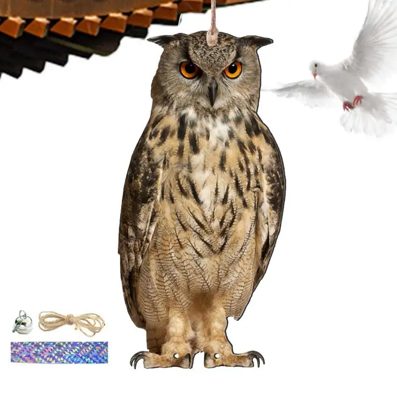 Bird Repel Scarecrow 2D Flat Fake Owl Decoy Decorative Scare Pendant With Bell Waterproof Bird Scare Device Balcony Garden Decor