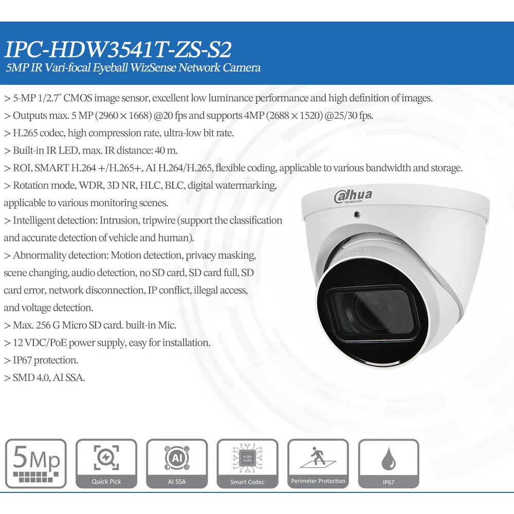 Imagem -05 - Dahua-wizsense Poe Câmera de Rede Ipc ai Ssa Escolha Rápida Pesquisa Inteligente Original Ipc-hdw3541t-zs-s2 5mp Ir40m 5x Vari-focal