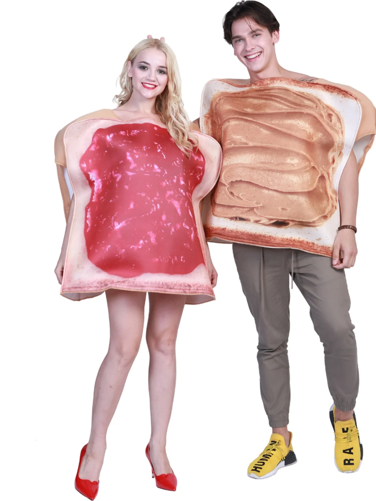 Disfraz de actuación loween, traje divertido, patatas fritas, berenjena, papel higiénico, hamburguesa, rollo de pastel, pan, galleta, escenario Par