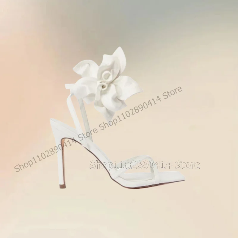 White Appliques Decor Open Toe Sandals Ankle Buckle Strap Women Shoes Thin High Heels Fashion Banquet 2024 Zapatos Para Mujere