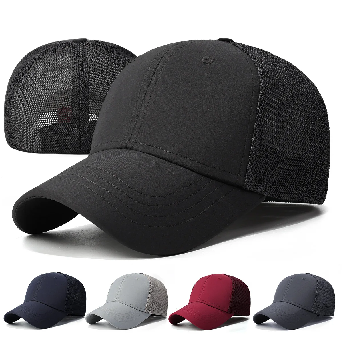 Sommerliche neue Baseballkappe mit durchgehendem Mesh-Rücken und flachem Panel, modische und schlichte Entenschnabelmütze, Outdoor-Sonnenhut mit festem Oberteil