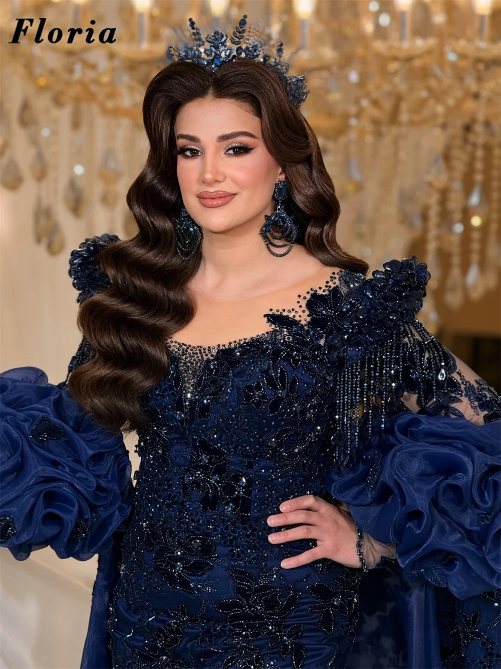 Abendkleider Navy Blue Beaded Evening Dresses With Detachable Skirt Dubai Mermaid Wedding Party Dress Prom Gowns Customized 2026