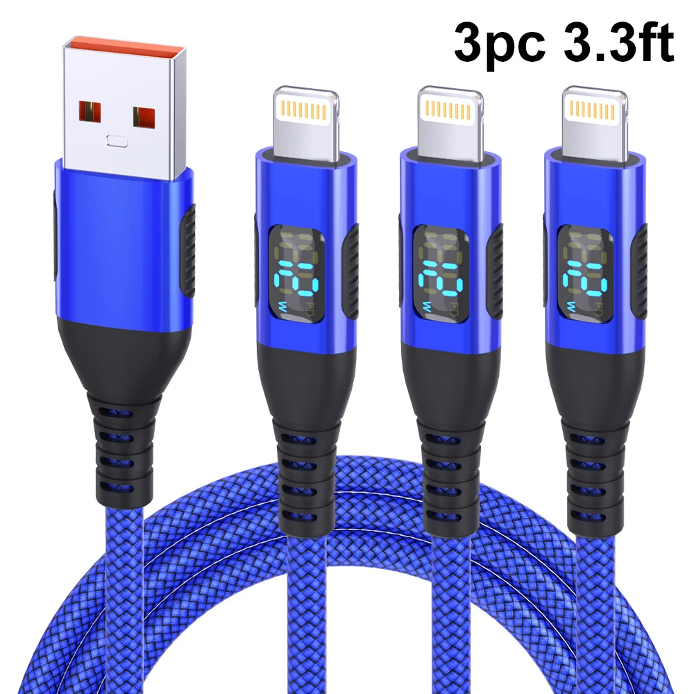 LAIHONEN 3er-Pack MFi-zertifiziertes USB-A-auf-Lightning-Kabel mit Nylonummantelung, 12W LED-Digitalanzeige, schnelles Ladekabel, kompatibel mit iPhone.
