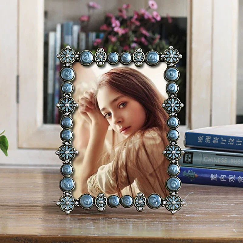 European Rectangle Shaped Shiny Silver Plating With White And Antique Brass Blue Beaded Jeweled 4x6 inches Metal Photo Frame