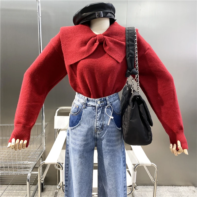 New Brand Original Design 2022 Bow Sweater Doll Neck Gentle Sweet Loose Knit Chic Top