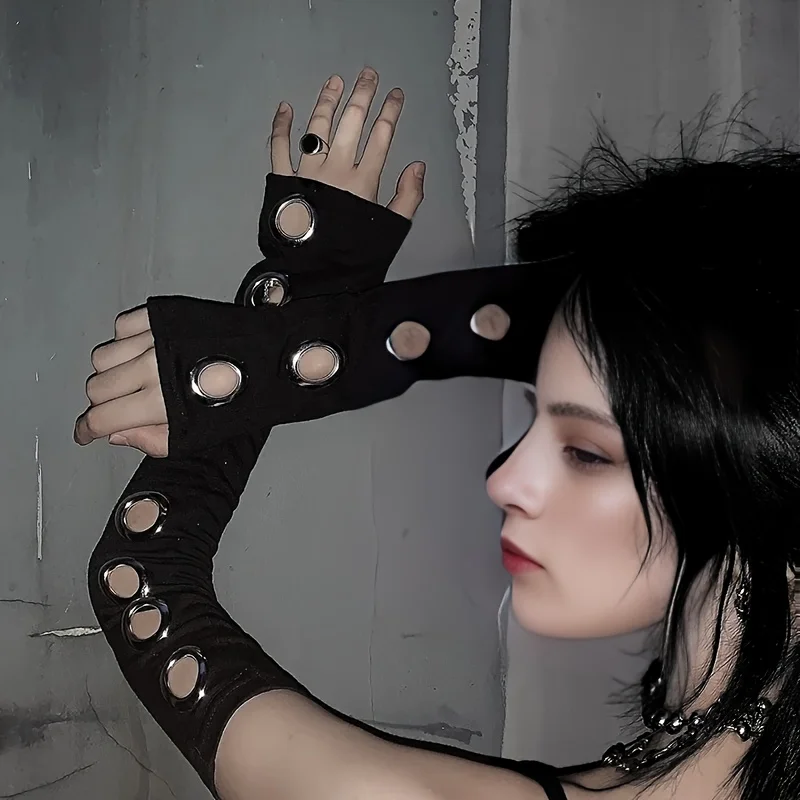 Gothic Punk Arm Sleeves for Women Black Outsleeves Y2K Girl Elbow Length Streetwear Hollow Out Metal Eyelet Spring Summer 2024