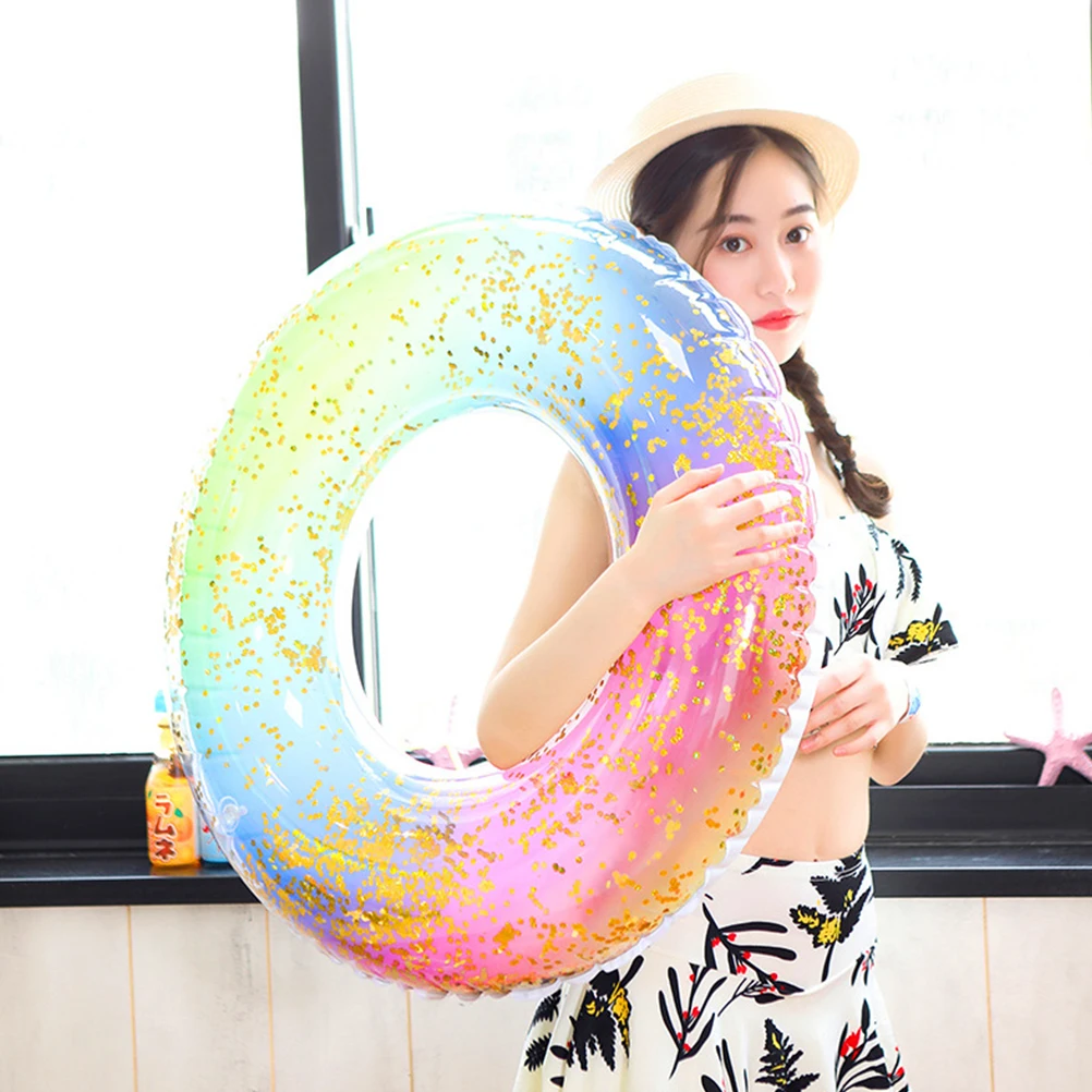 

1pc Rainbow Swimming Ring Pvc Semitransparent Gradient Float For Kids Adults Summer Pool Party Inflatable Water Beach Fun
