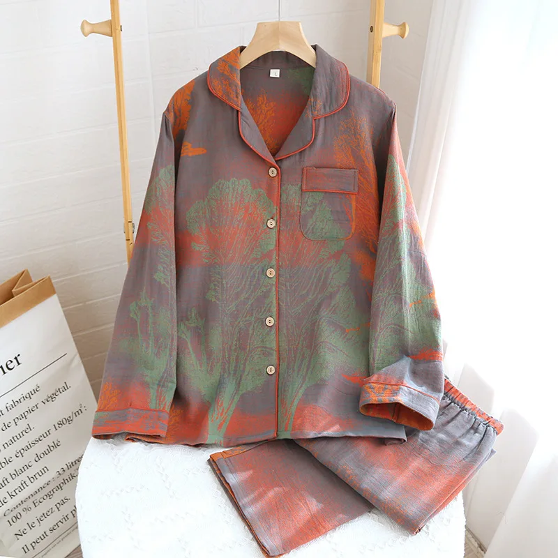 

100% хлопок, женская пижама с принтом в стиле ретро, рубашка с лацканами, комплекты брюк, осенне-зимняя одежда для сна, повседневный домашний костюм для женщин, ночное белье