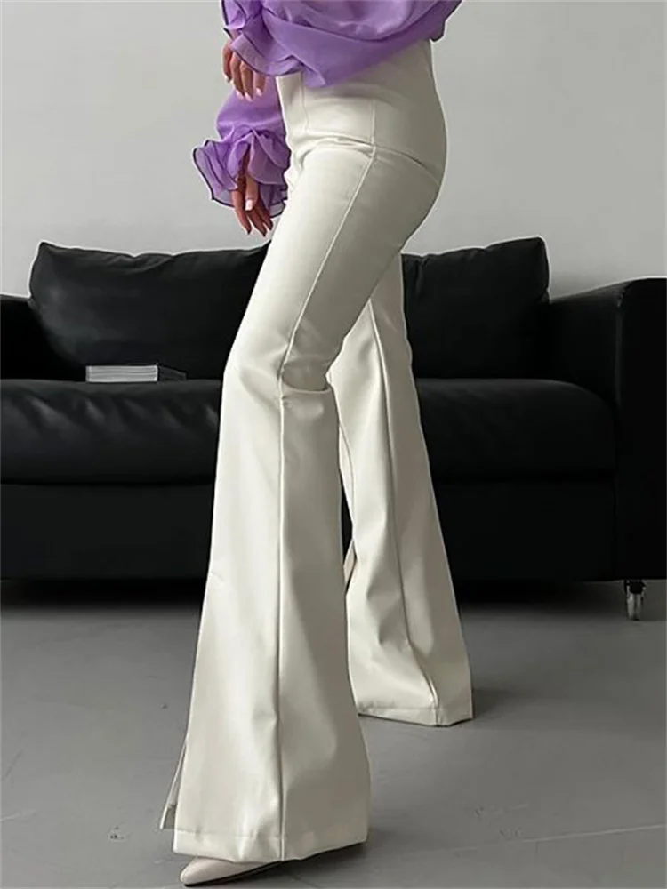 Tossy 2023 New PU Leather Spilt Out Flared Pants Casual White Slim High Waist Trousers Wide Leg Pants For Women Spring