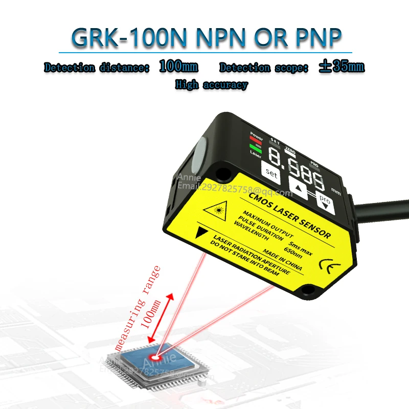 Measuring distance 100mm NPN IP67 Measure the thickness of an object  High Precision CMOS Laser Distance Measurement Sensor