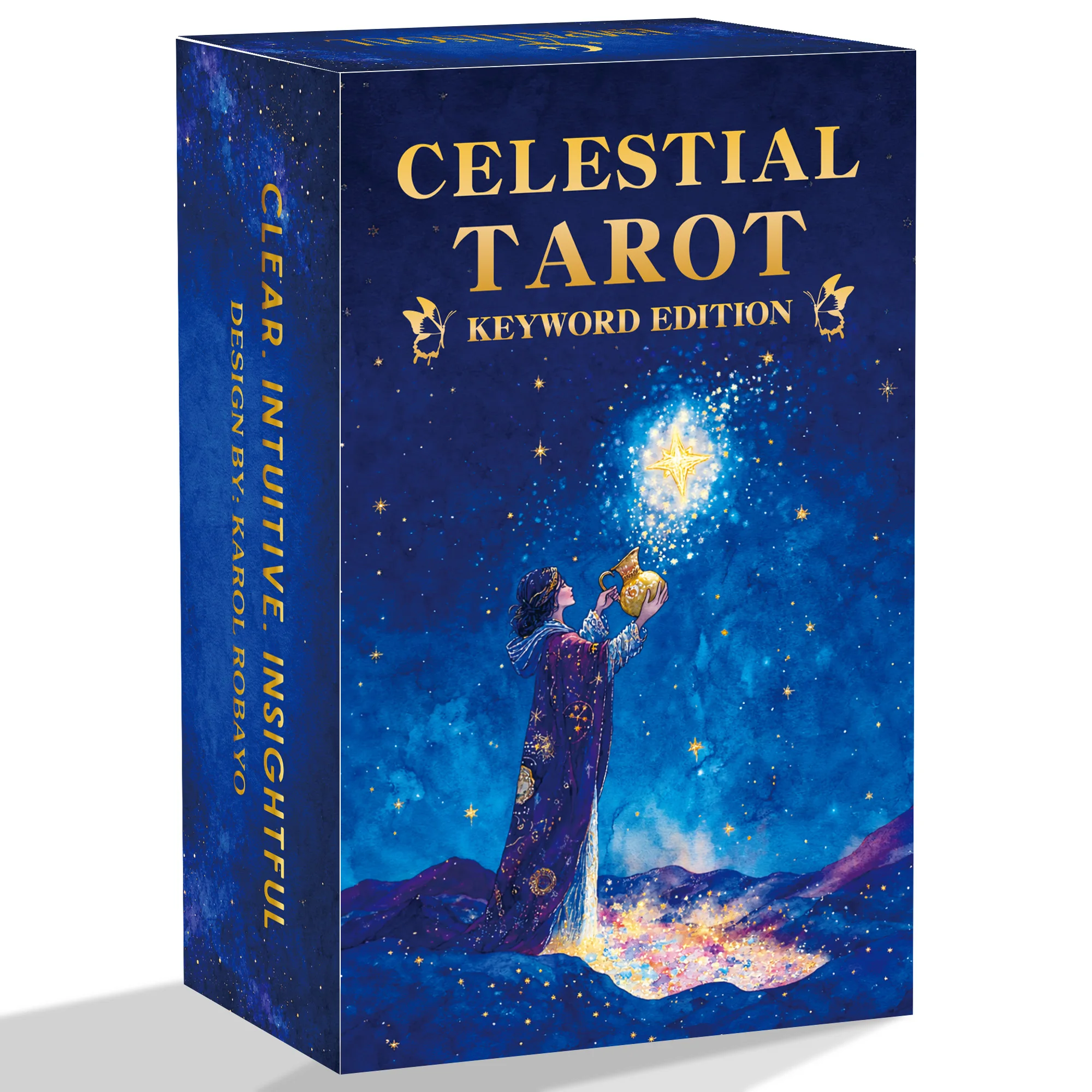 Celestial Tarot Cards Keyword Edition, 78 Original Cards, Blue & Gold Cosmic Artwork, Beginner Friendly, Tarot Study，12*7cm