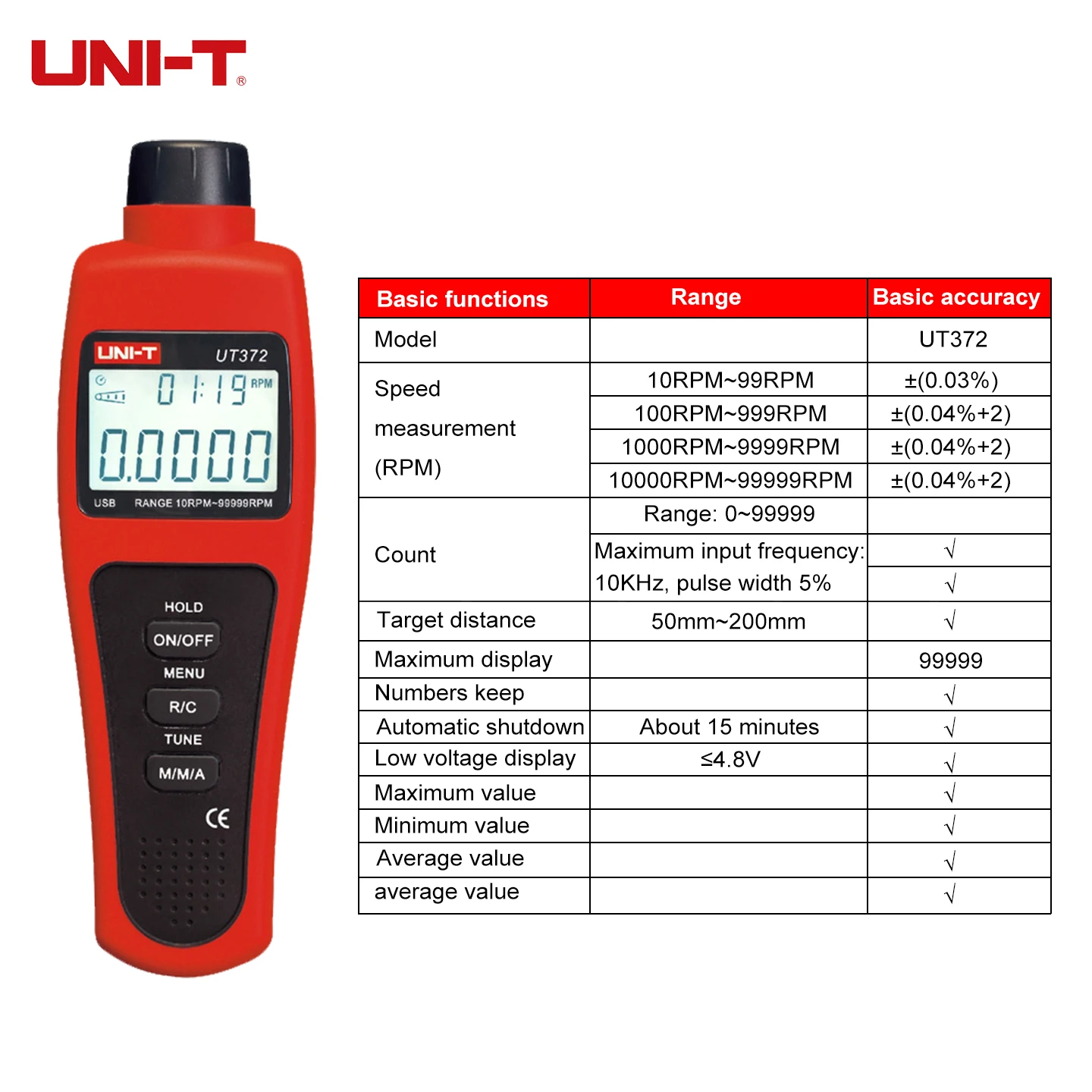 UNI-T Contactless Tachometer UT372 Digital RPM Meter Laser Speed Tester 10-99999RPM USB Data Transfer LCD for Motor Engine - view 6