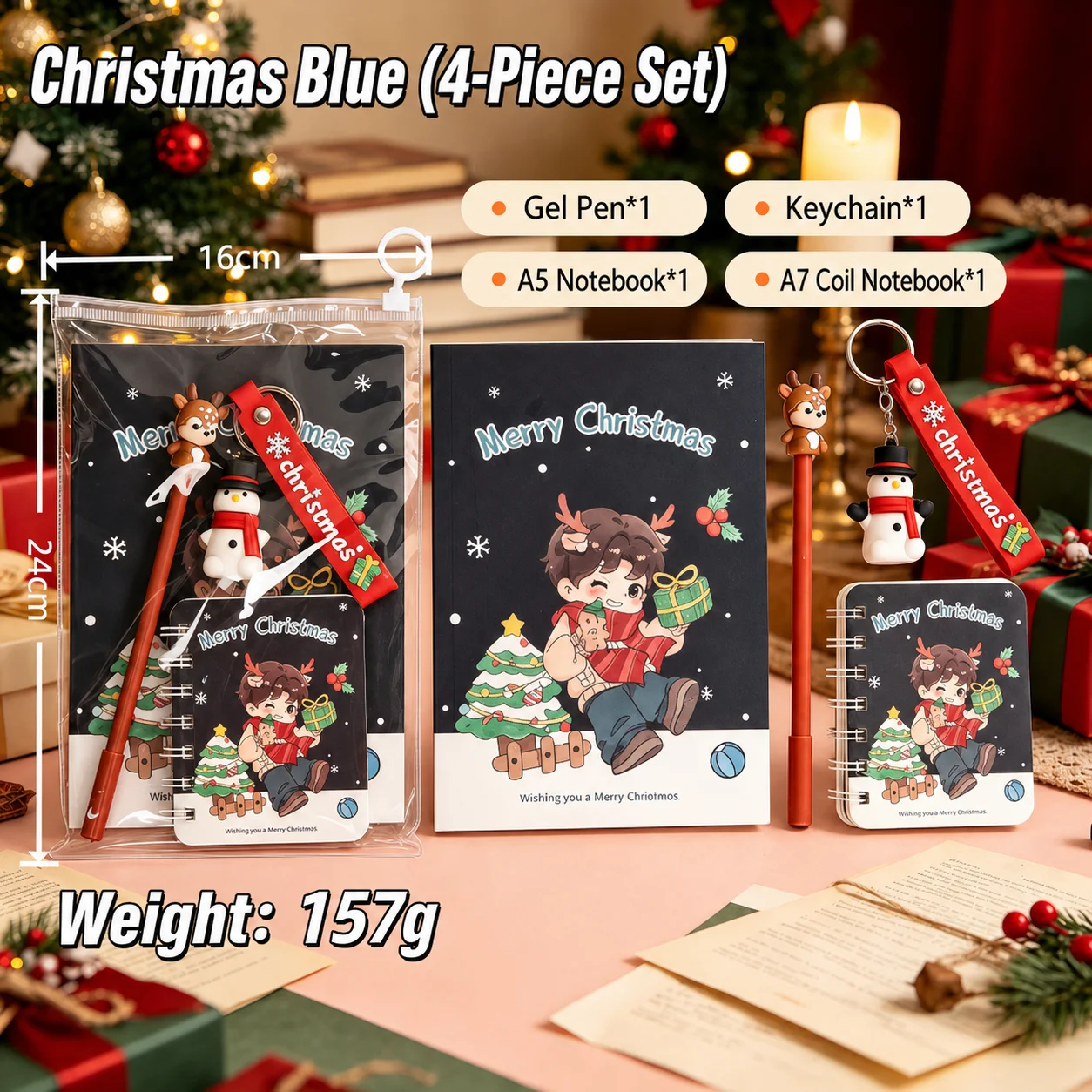 4-Piece Stationery Set Christmas Themed Cute Notebooks Pen Keychain Holiday Gift for Students Kids School Office Suppliers