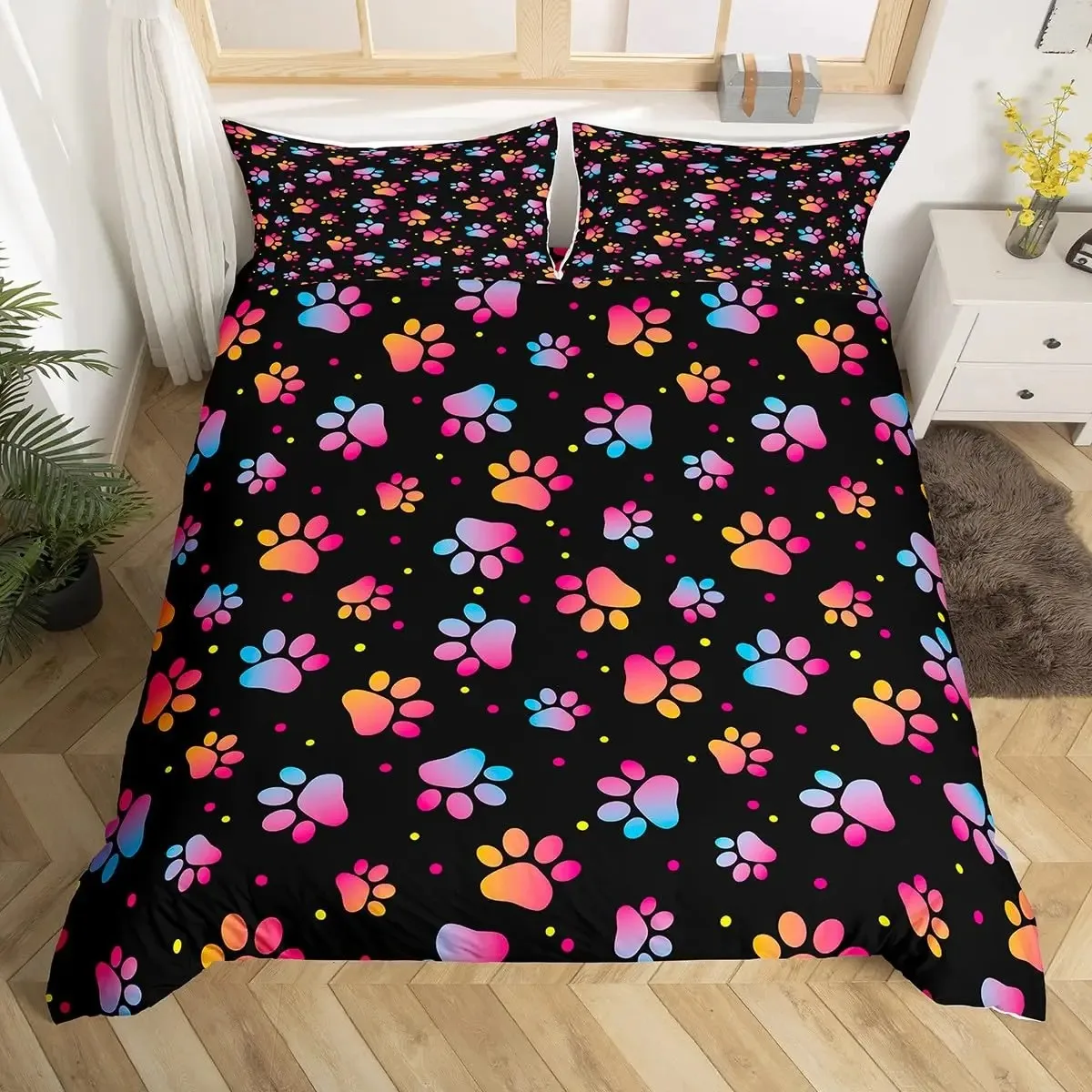 Dog Paw Print Duvet Cover Watercolor Gradient Puppy Footprints Comforter Cover with 2 Pillowcases,Funny Pets Animal Quilt Cover