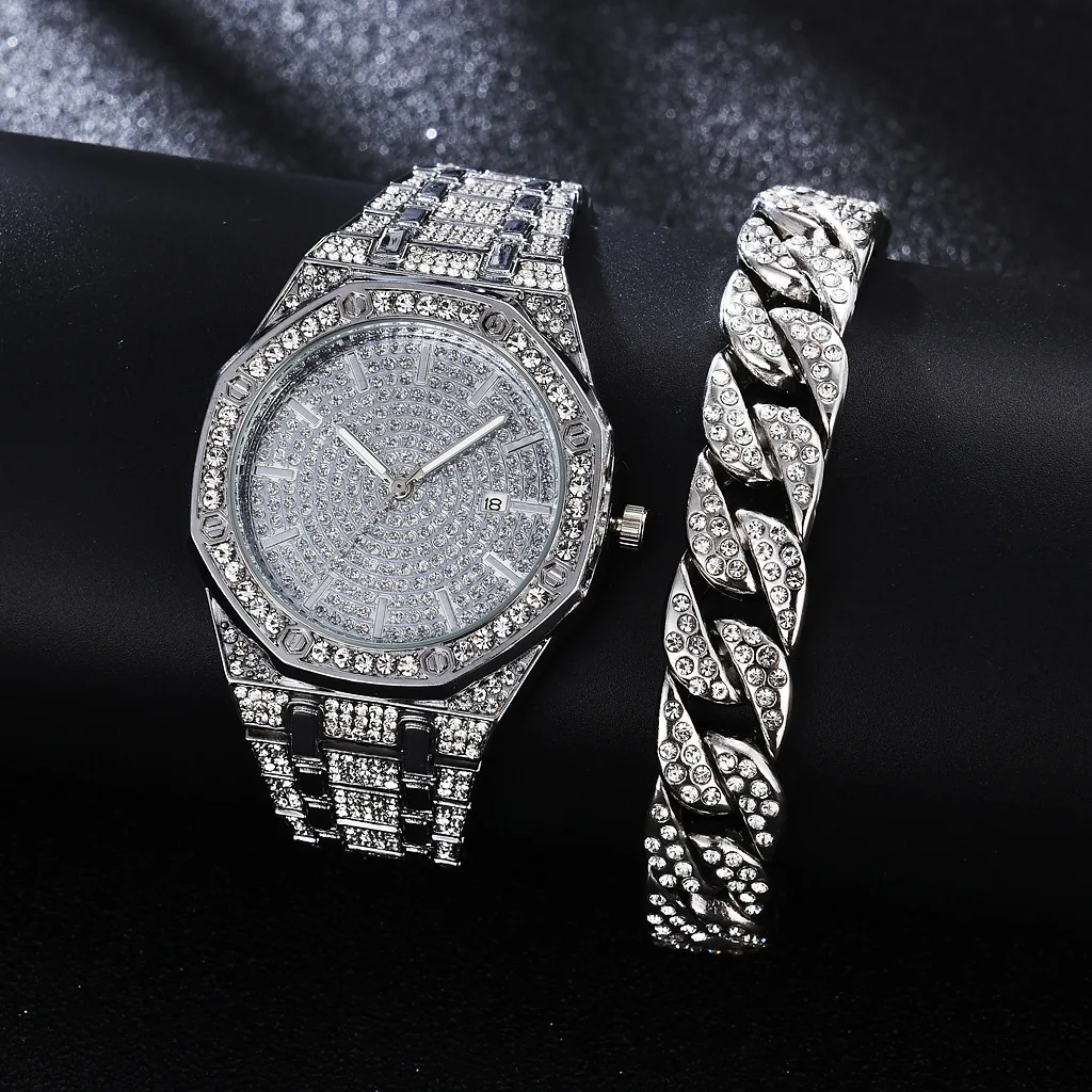 

Luxury Iced Out Watch Bracelet for Women Mens Watch Cuban Chain Hip Hop Jewelry Set Rhinestone Gold Watch Men Religio Masculino